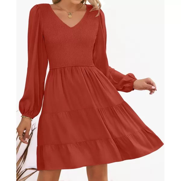 ZESICA Womens Casual V Neck Long Sleeve Smocked High Waist Ruffle A Line Tiered Mini DressRed