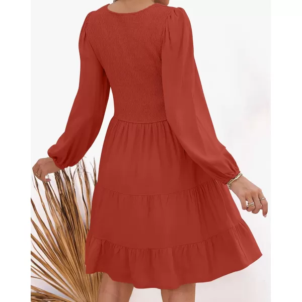 ZESICA Womens Casual V Neck Long Sleeve Smocked High Waist Ruffle A Line Tiered Mini DressRed