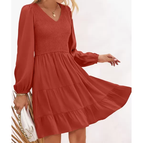 ZESICA Womens Casual V Neck Long Sleeve Smocked High Waist Ruffle A Line Tiered Mini DressRed
