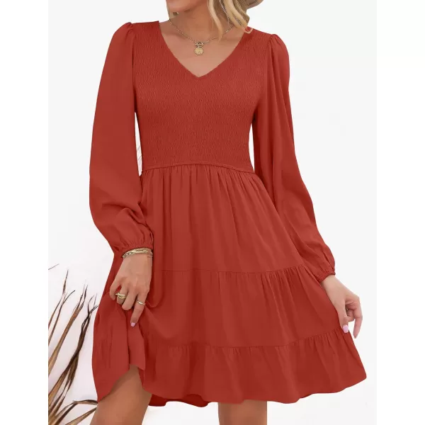 ZESICA Womens Casual V Neck Long Sleeve Smocked High Waist Ruffle A Line Tiered Mini DressRed