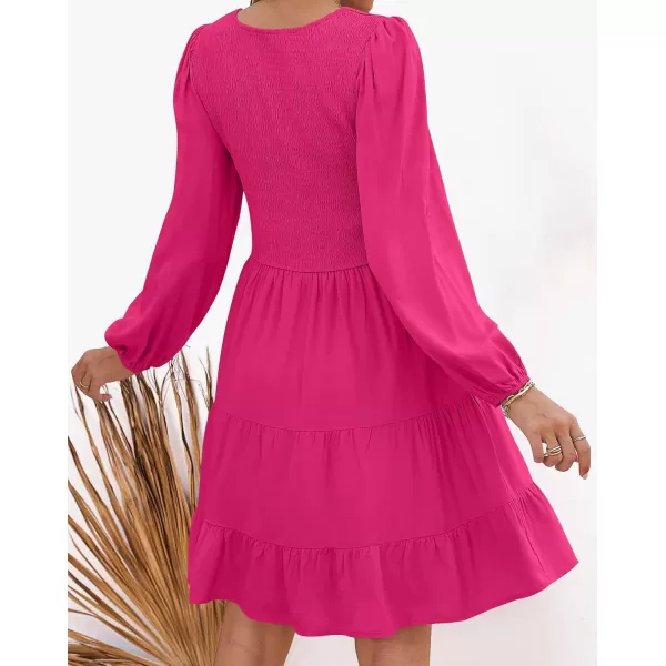 ZESICA Womens Casual V Neck Long Sleeve Smocked High Waist Ruffle A Line Tiered Mini DressRose