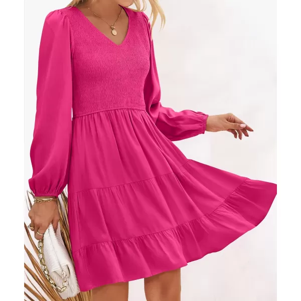 ZESICA Womens Casual V Neck Long Sleeve Smocked High Waist Ruffle A Line Tiered Mini DressRose
