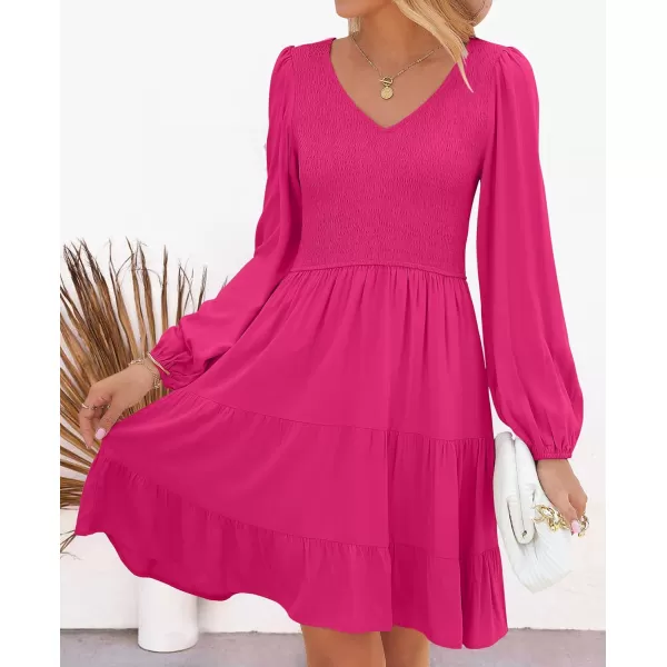 ZESICA Womens Casual V Neck Long Sleeve Smocked High Waist Ruffle A Line Tiered Mini DressRose