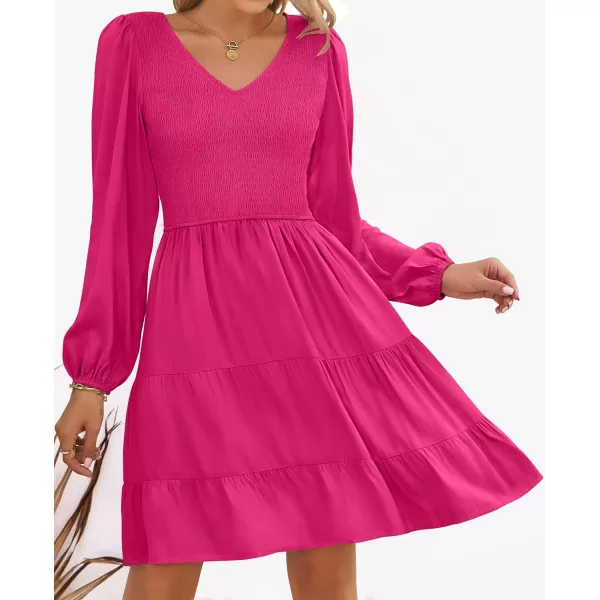 ZESICA Womens Casual V Neck Long Sleeve Smocked High Waist Ruffle A Line Tiered Mini DressRose