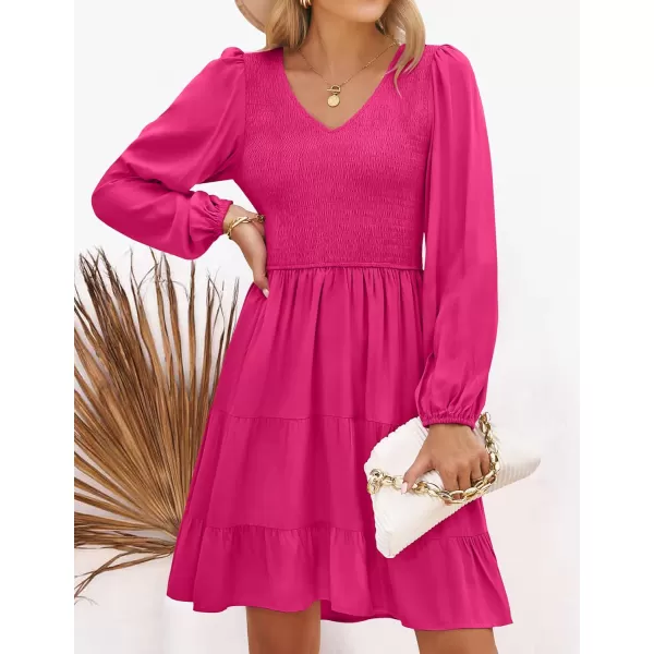 ZESICA Womens Casual V Neck Long Sleeve Smocked High Waist Ruffle A Line Tiered Mini DressRose