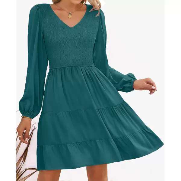 ZESICA Womens Casual V Neck Long Sleeve Smocked High Waist Ruffle A Line Tiered Mini DressTealgreen