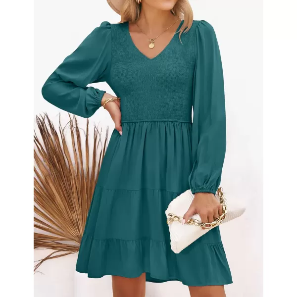 ZESICA Womens Casual V Neck Long Sleeve Smocked High Waist Ruffle A Line Tiered Mini DressTealgreen