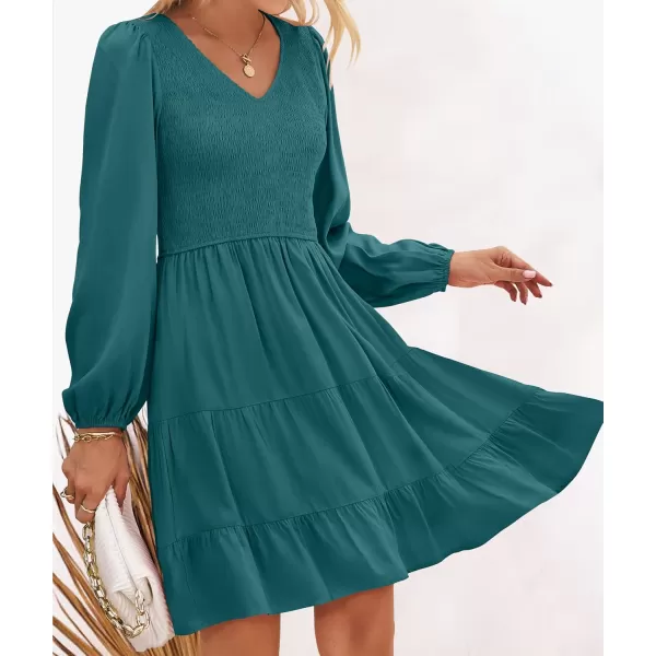 ZESICA Womens Casual V Neck Long Sleeve Smocked High Waist Ruffle A Line Tiered Mini DressTealgreen