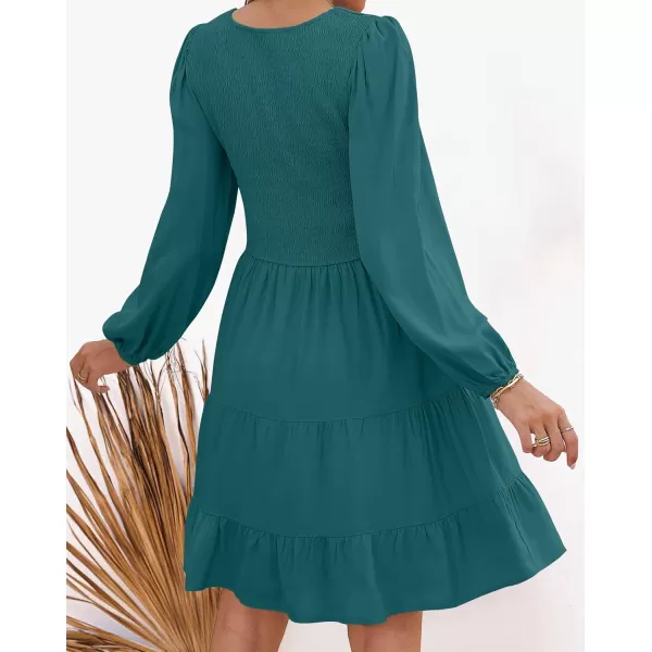 ZESICA Womens Casual V Neck Long Sleeve Smocked High Waist Ruffle A Line Tiered Mini DressTealgreen