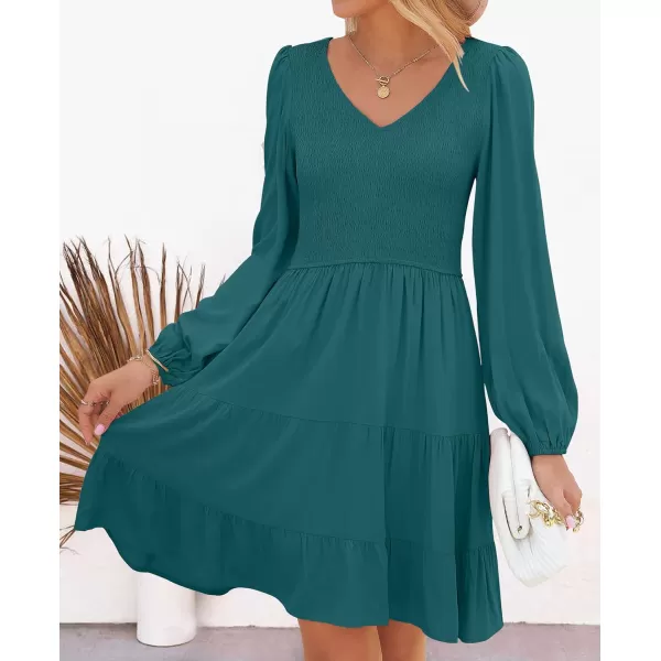 ZESICA Womens Casual V Neck Long Sleeve Smocked High Waist Ruffle A Line Tiered Mini DressTealgreen