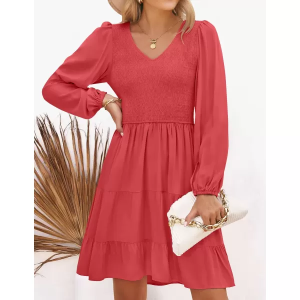 ZESICA Womens Casual V Neck Long Sleeve Smocked High Waist Ruffle A Line Tiered Mini DressWatermelon