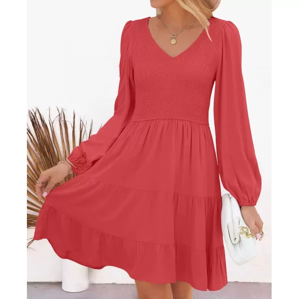 ZESICA Womens Casual V Neck Long Sleeve Smocked High Waist Ruffle A Line Tiered Mini DressWatermelon