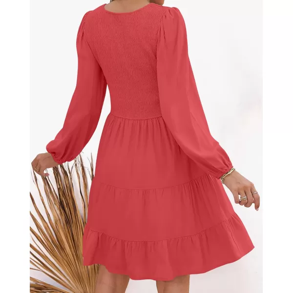 ZESICA Womens Casual V Neck Long Sleeve Smocked High Waist Ruffle A Line Tiered Mini DressWatermelon
