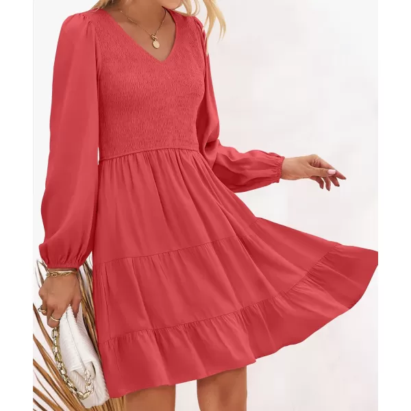 ZESICA Womens Casual V Neck Long Sleeve Smocked High Waist Ruffle A Line Tiered Mini DressWatermelon
