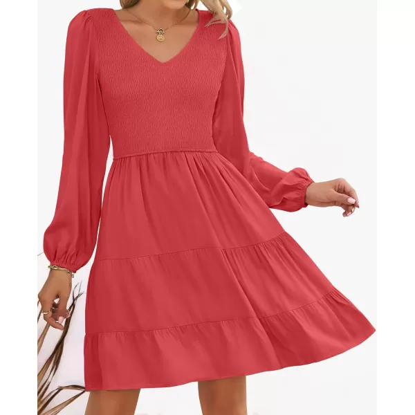 ZESICA Womens Casual V Neck Long Sleeve Smocked High Waist Ruffle A Line Tiered Mini DressWatermelon