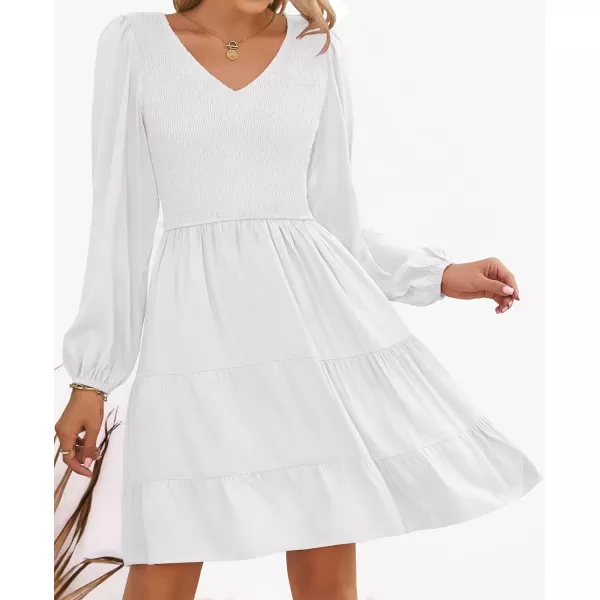 ZESICA Womens Casual V Neck Long Sleeve Smocked High Waist Ruffle A Line Tiered Mini DressWhite