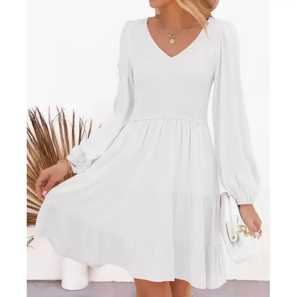 ZESICA Womens Casual V Neck Long Sleeve Smocked High Waist Ruffle A Line Tiered Mini DressWhite