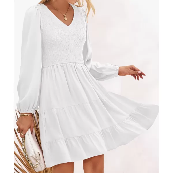 ZESICA Womens Casual V Neck Long Sleeve Smocked High Waist Ruffle A Line Tiered Mini DressWhite