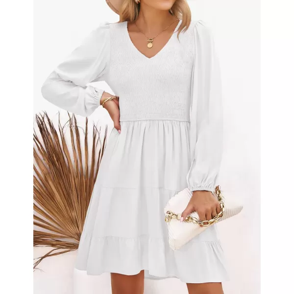 ZESICA Womens Casual V Neck Long Sleeve Smocked High Waist Ruffle A Line Tiered Mini DressWhite