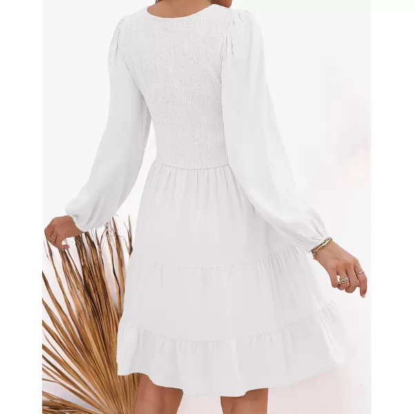 ZESICA Womens Casual V Neck Long Sleeve Smocked High Waist Ruffle A Line Tiered Mini DressWhite