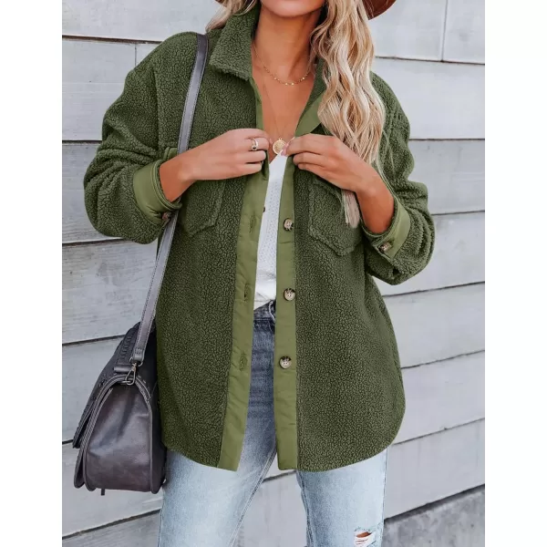 ZESICA Womens Winter Casual Sherpa Fleece Jacket Long Sleeve Button Solid Warm Fuzzy Outwear Coat PocketsArmy Green