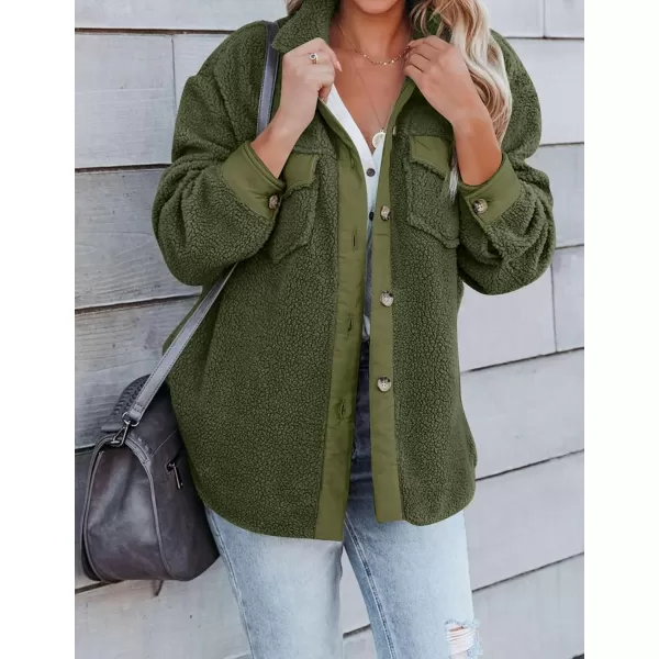 ZESICA Womens Winter Casual Sherpa Fleece Jacket Long Sleeve Button Solid Warm Fuzzy Outwear Coat PocketsArmy Green