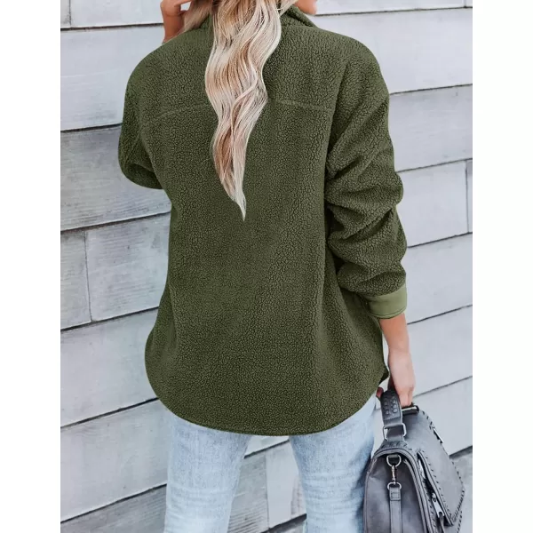 ZESICA Womens Winter Casual Sherpa Fleece Jacket Long Sleeve Button Solid Warm Fuzzy Outwear Coat PocketsArmy Green