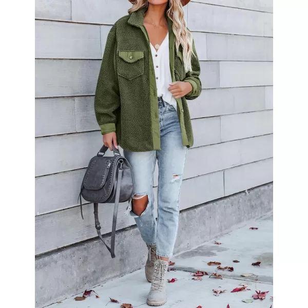 ZESICA Womens Winter Casual Sherpa Fleece Jacket Long Sleeve Button Solid Warm Fuzzy Outwear Coat PocketsArmy Green