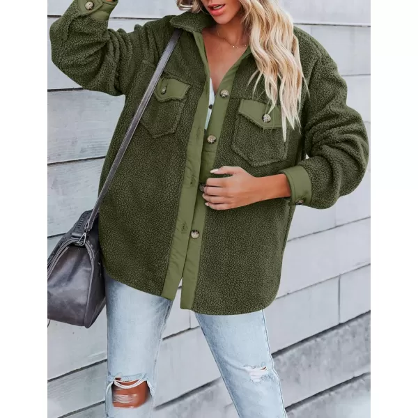 ZESICA Womens Winter Casual Sherpa Fleece Jacket Long Sleeve Button Solid Warm Fuzzy Outwear Coat PocketsArmy Green