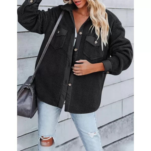 ZESICA Womens Winter Casual Sherpa Fleece Jacket Long Sleeve Button Solid Warm Fuzzy Outwear Coat PocketsBlack
