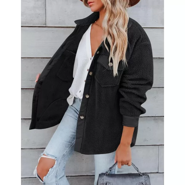 ZESICA Womens Winter Casual Sherpa Fleece Jacket Long Sleeve Button Solid Warm Fuzzy Outwear Coat PocketsBlack