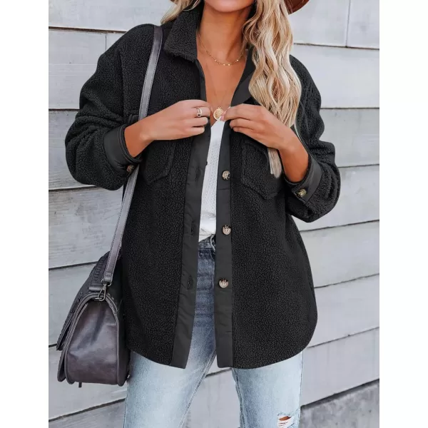 ZESICA Womens Winter Casual Sherpa Fleece Jacket Long Sleeve Button Solid Warm Fuzzy Outwear Coat PocketsBlack