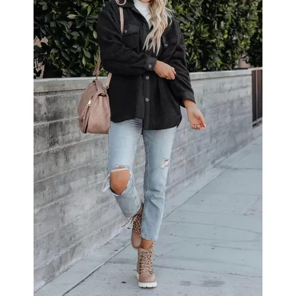 ZESICA Womens Winter Casual Sherpa Fleece Jacket Long Sleeve Button Solid Warm Fuzzy Outwear Coat PocketsBlack