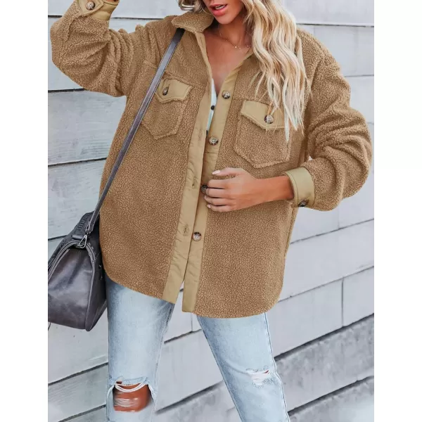 ZESICA Womens Winter Casual Sherpa Fleece Jacket Long Sleeve Button Solid Warm Fuzzy Outwear Coat PocketsCamel