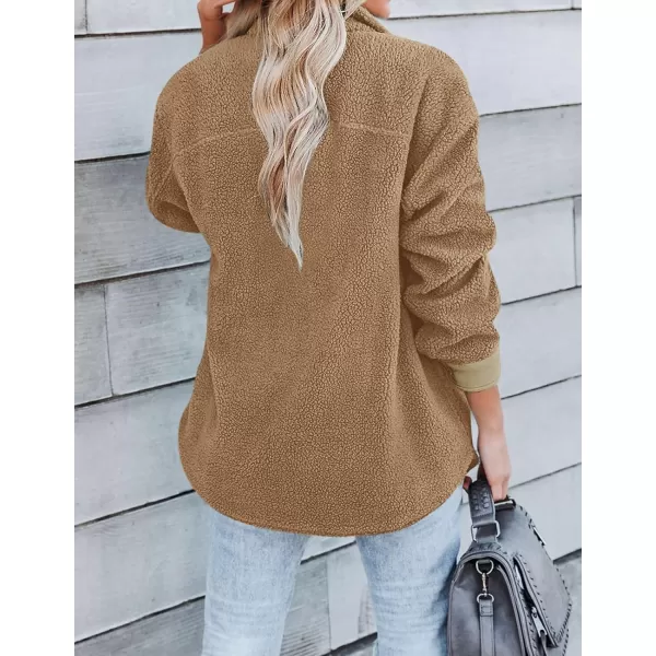 ZESICA Womens Winter Casual Sherpa Fleece Jacket Long Sleeve Button Solid Warm Fuzzy Outwear Coat PocketsCamel