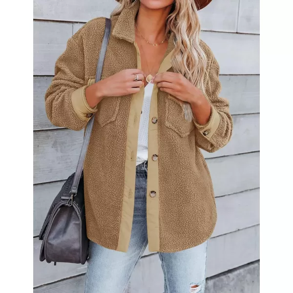 ZESICA Womens Winter Casual Sherpa Fleece Jacket Long Sleeve Button Solid Warm Fuzzy Outwear Coat PocketsCamel
