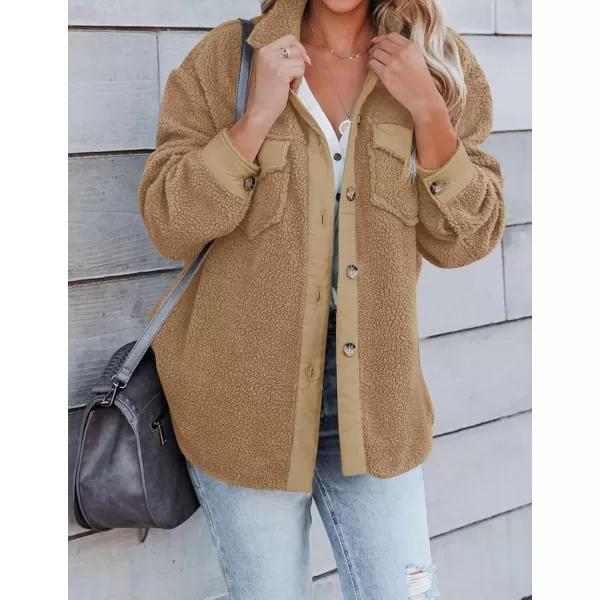 ZESICA Womens Winter Casual Sherpa Fleece Jacket Long Sleeve Button Solid Warm Fuzzy Outwear Coat PocketsCamel