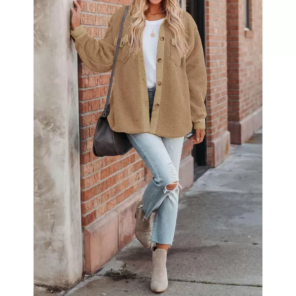 ZESICA Womens Winter Casual Sherpa Fleece Jacket Long Sleeve Button Solid Warm Fuzzy Outwear Coat PocketsCamel