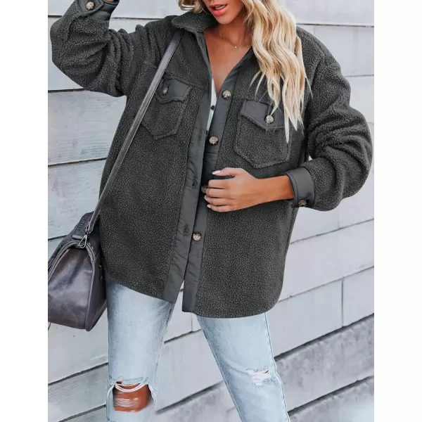 ZESICA Womens Winter Casual Sherpa Fleece Jacket Long Sleeve Button Solid Warm Fuzzy Outwear Coat PocketsDark Grey