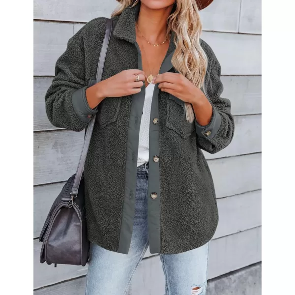 ZESICA Womens Winter Casual Sherpa Fleece Jacket Long Sleeve Button Solid Warm Fuzzy Outwear Coat PocketsDark Grey