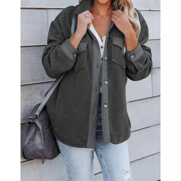 ZESICA Womens Winter Casual Sherpa Fleece Jacket Long Sleeve Button Solid Warm Fuzzy Outwear Coat PocketsDark Grey