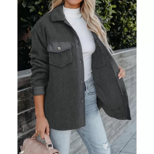 ZESICA Womens Winter Casual Sherpa Fleece Jacket Long Sleeve Button Solid Warm Fuzzy Outwear Coat PocketsDark Grey