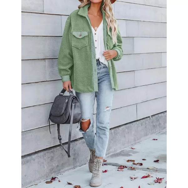 ZESICA Womens Winter Casual Sherpa Fleece Jacket Long Sleeve Button Solid Warm Fuzzy Outwear Coat PocketsGreen