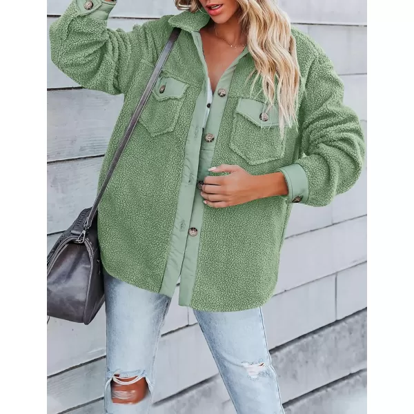 ZESICA Womens Winter Casual Sherpa Fleece Jacket Long Sleeve Button Solid Warm Fuzzy Outwear Coat PocketsGreen