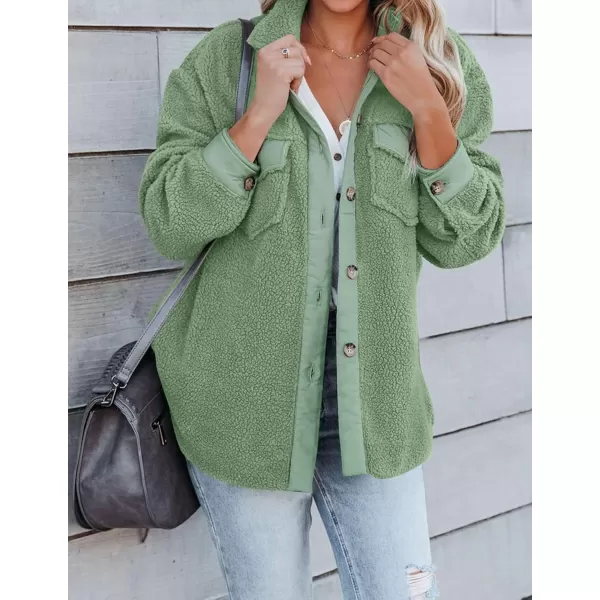 ZESICA Womens Winter Casual Sherpa Fleece Jacket Long Sleeve Button Solid Warm Fuzzy Outwear Coat PocketsGreen