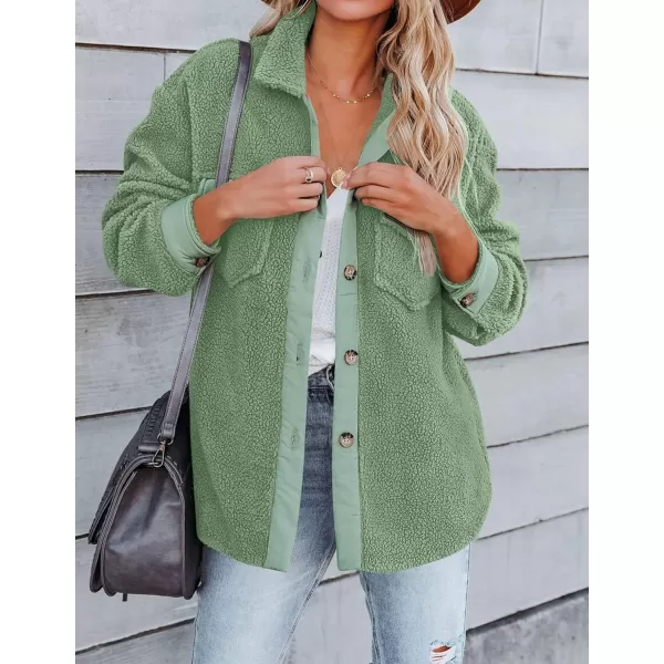 ZESICA Womens Winter Casual Sherpa Fleece Jacket Long Sleeve Button Solid Warm Fuzzy Outwear Coat PocketsGreen