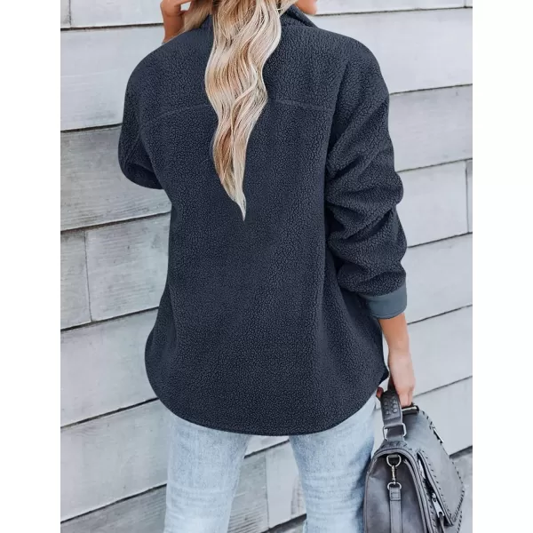 ZESICA Womens Winter Casual Sherpa Fleece Jacket Long Sleeve Button Solid Warm Fuzzy Outwear Coat PocketsNavy Blue