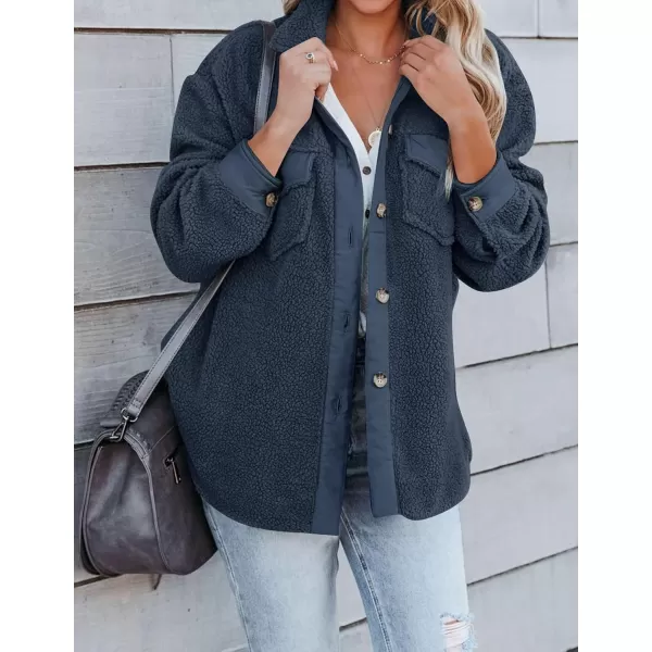 ZESICA Womens Winter Casual Sherpa Fleece Jacket Long Sleeve Button Solid Warm Fuzzy Outwear Coat PocketsNavy Blue