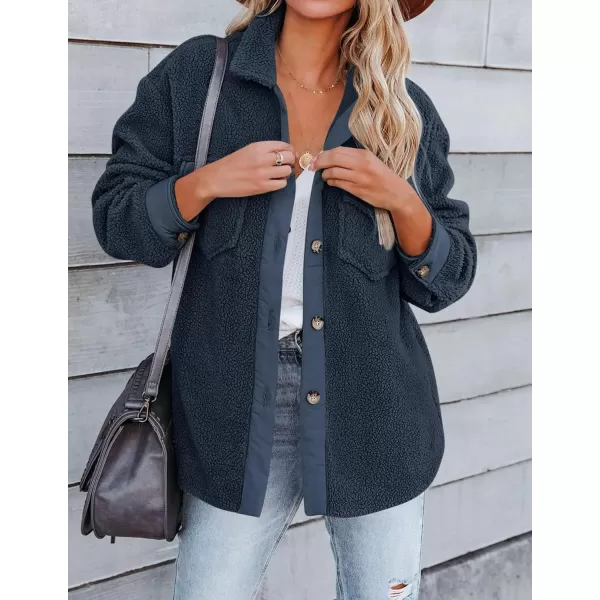 ZESICA Womens Winter Casual Sherpa Fleece Jacket Long Sleeve Button Solid Warm Fuzzy Outwear Coat PocketsNavy Blue