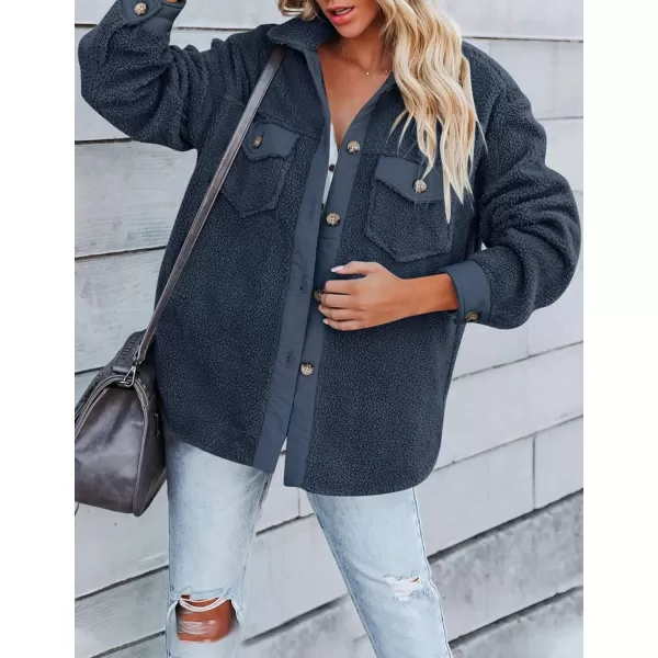 ZESICA Womens Winter Casual Sherpa Fleece Jacket Long Sleeve Button Solid Warm Fuzzy Outwear Coat PocketsNavy Blue
